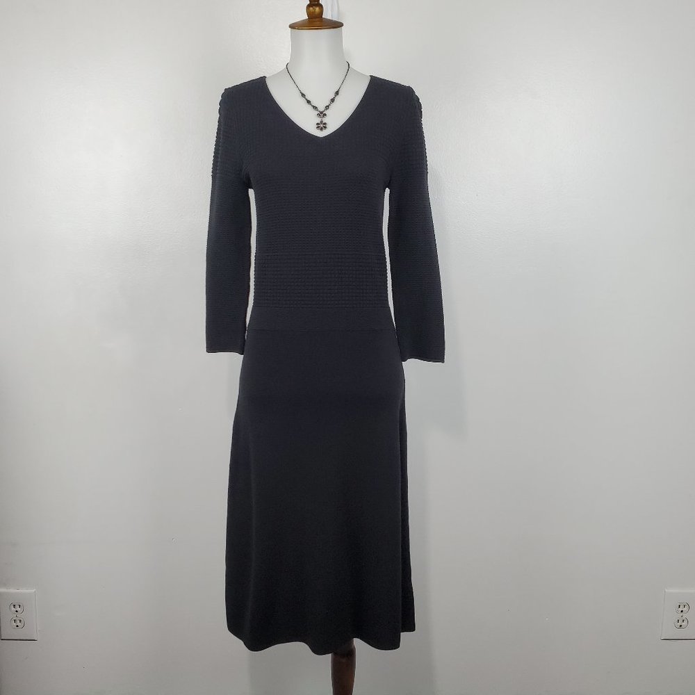 Talbots Black V-Neck Drop Waist Mixed Knit Classic Midi Sweater Dress Size XS